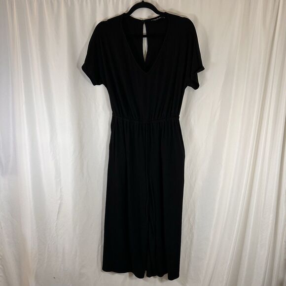 Lulus Jumpsuit Women's Large Black Ribbed Short Sleeve Drawstring Pockets - Picture 1 of 10
